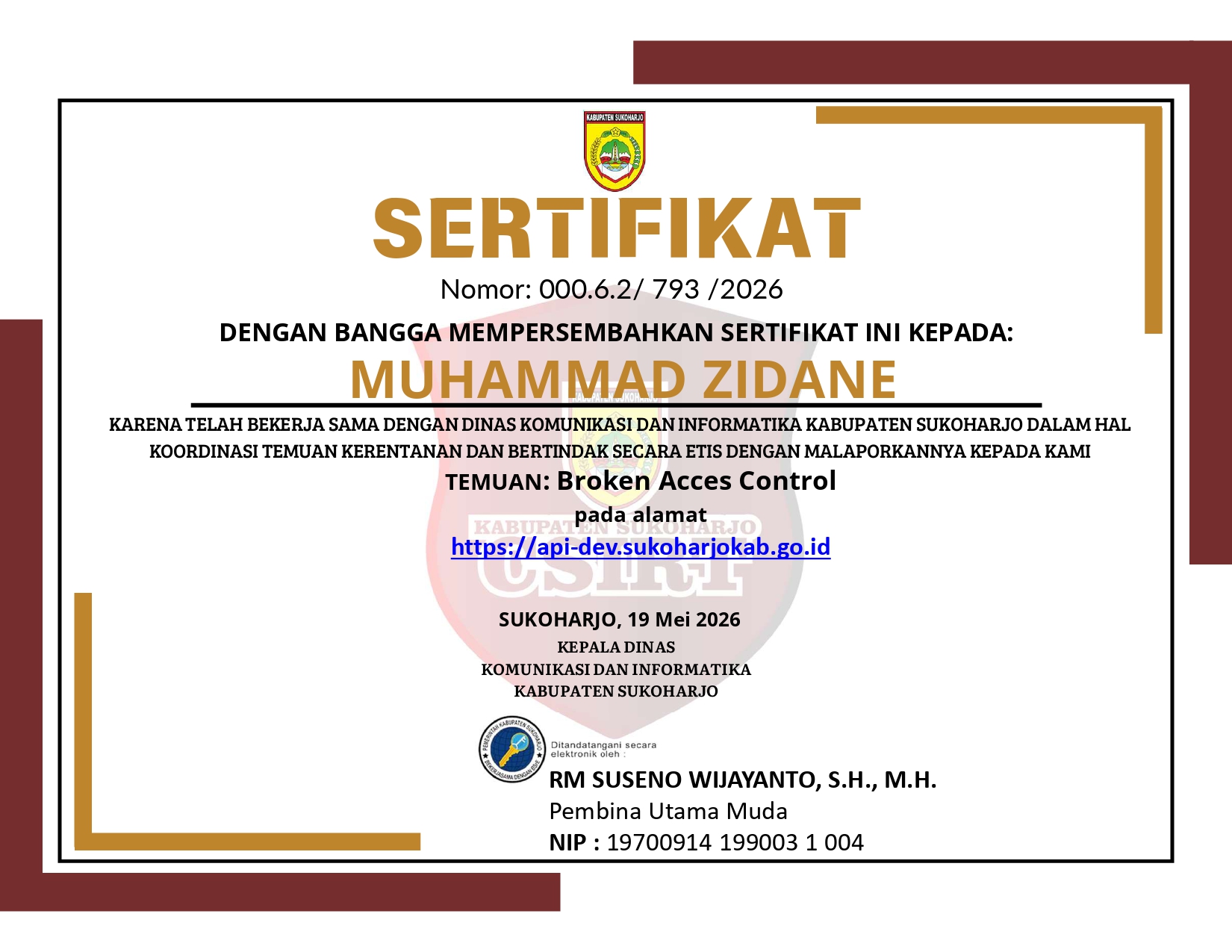 Certificate of Appreciation for Ethical Vulnerability Disclosure (Broken Access Control)